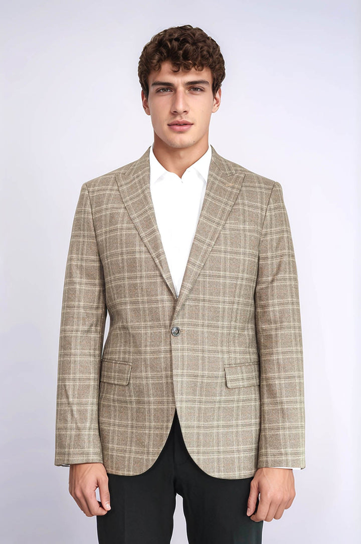 WSS Slim Fit Peak Lapel Checked Grey Men Blazer  - Terre Haute