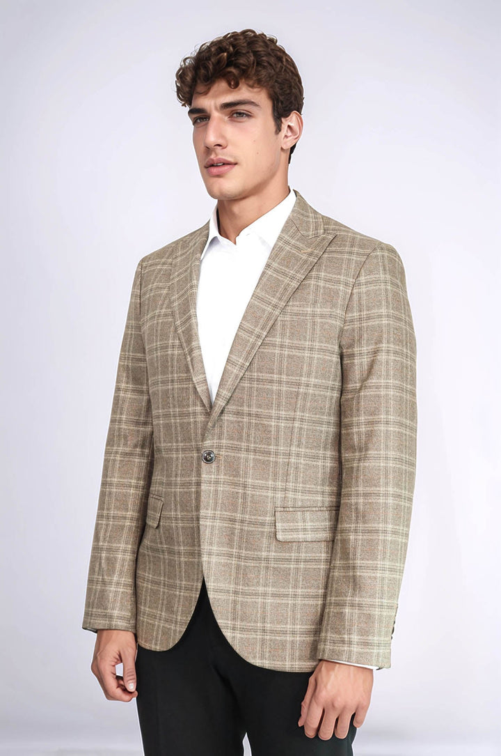 WSS Slim Fit Peak Lapel Checked Grey Men Blazer  - Terre Haute