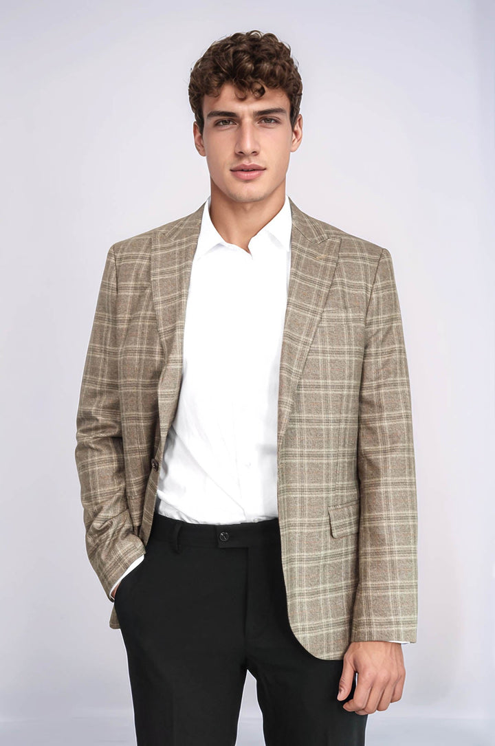 WSS Slim Fit Peak Lapel Checked Grey Men Blazer  - Terre Haute