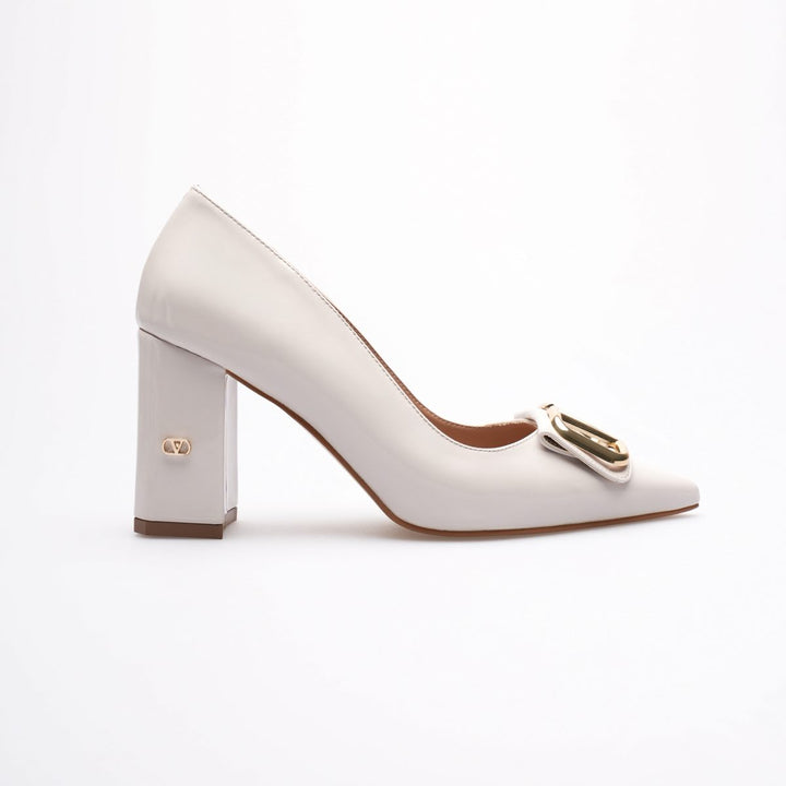 DSM Walkey Cream Patent Leather Gold Buckle Thick Heel High Heel Women's Shoe - Port Macquarie