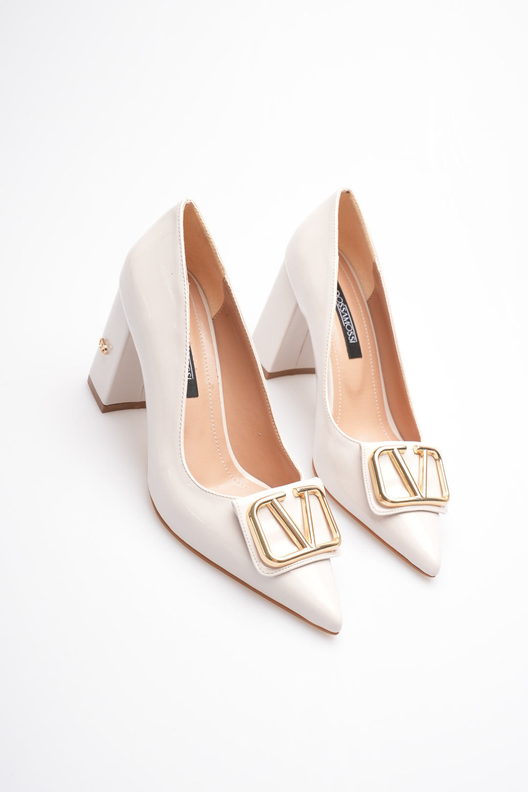 DSM Walkey Cream Patent Leather Gold Buckle Thick Heel High Heel Women's Shoe - Port Macquarie