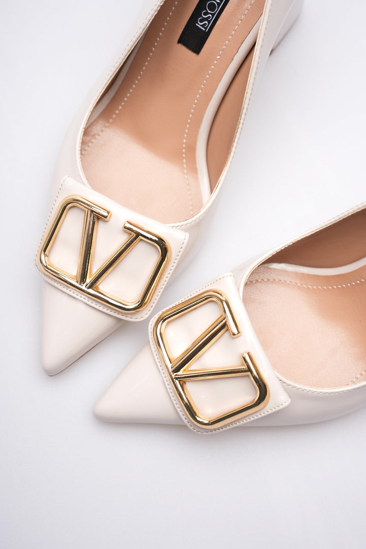 DSM Walkey Cream Patent Leather Gold Buckle Thick Heel High Heel Women's Shoe - Port Macquarie