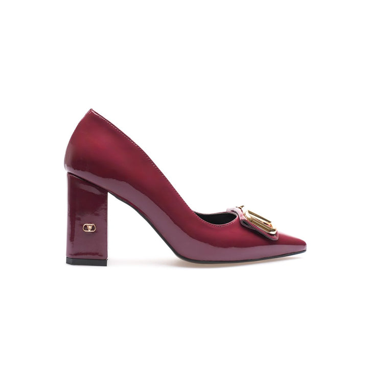 DSM Walkey Bordeaux Patent Leather Gold Buckle Thick Heel High Heel Women's Shoe - Walkden