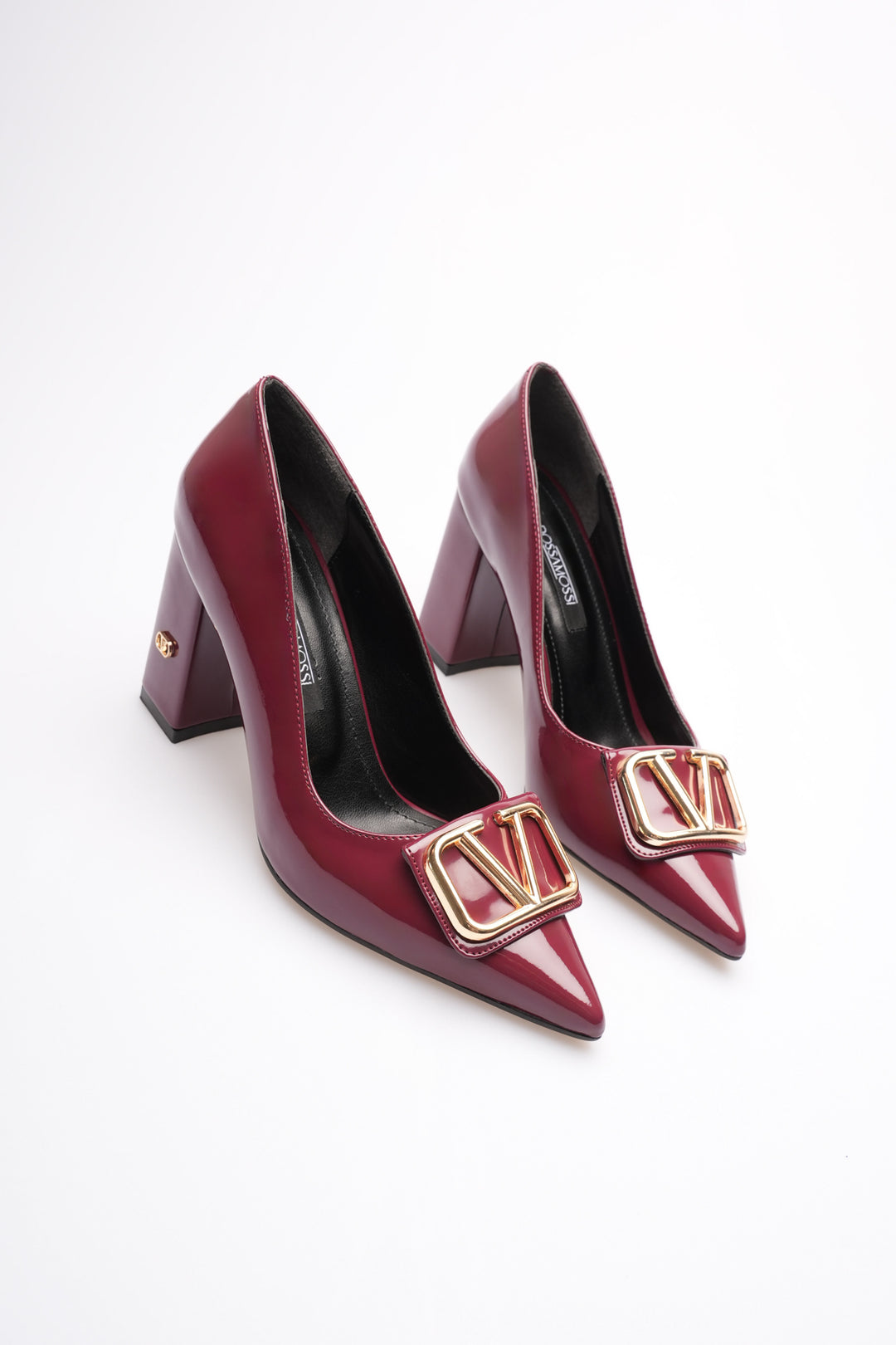 DSM Walkey Bordeaux Patent Leather Gold Buckle Thick Heel High Heel Women's Shoe - Walkden