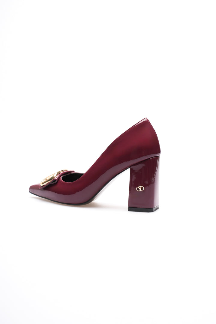 DSM Walkey Bordeaux Patent Leather Gold Buckle Thick Heel High Heel Women's Shoe - Walkden