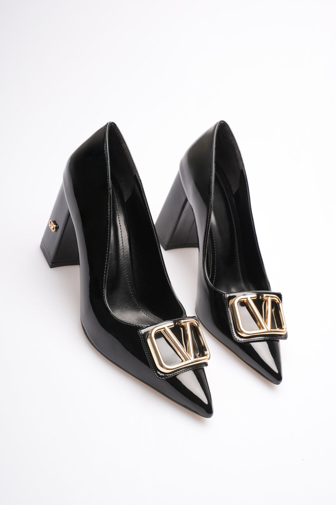 DSM Walkey Black Patent Leather Gold W Buckle Thick Heel High Heel Women's Shoe - Norwalk