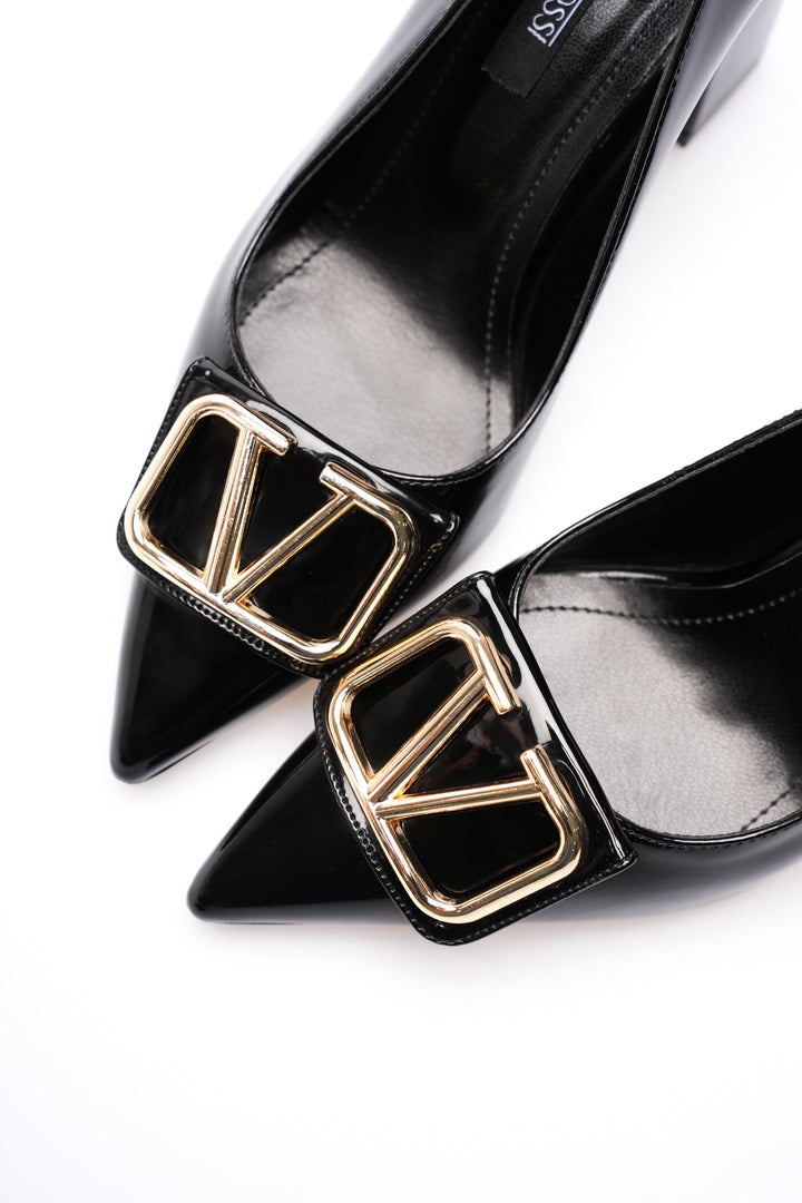 DSM Walkey Black Patent Leather Gold W Buckle Thick Heel High Heel Women's Shoe - Norwalk