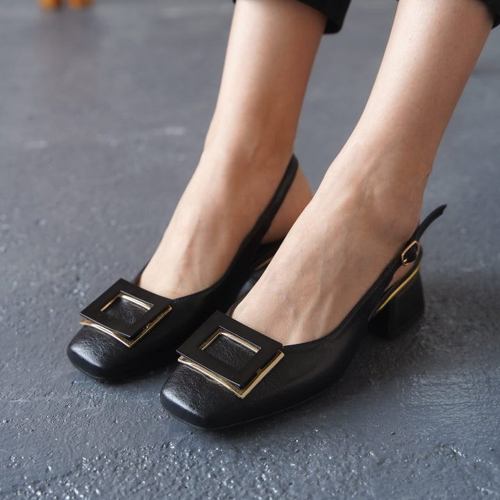 DSM Edlayn Black Leather Square Buckle Low Heel Shoes - Cuyahoga Falls