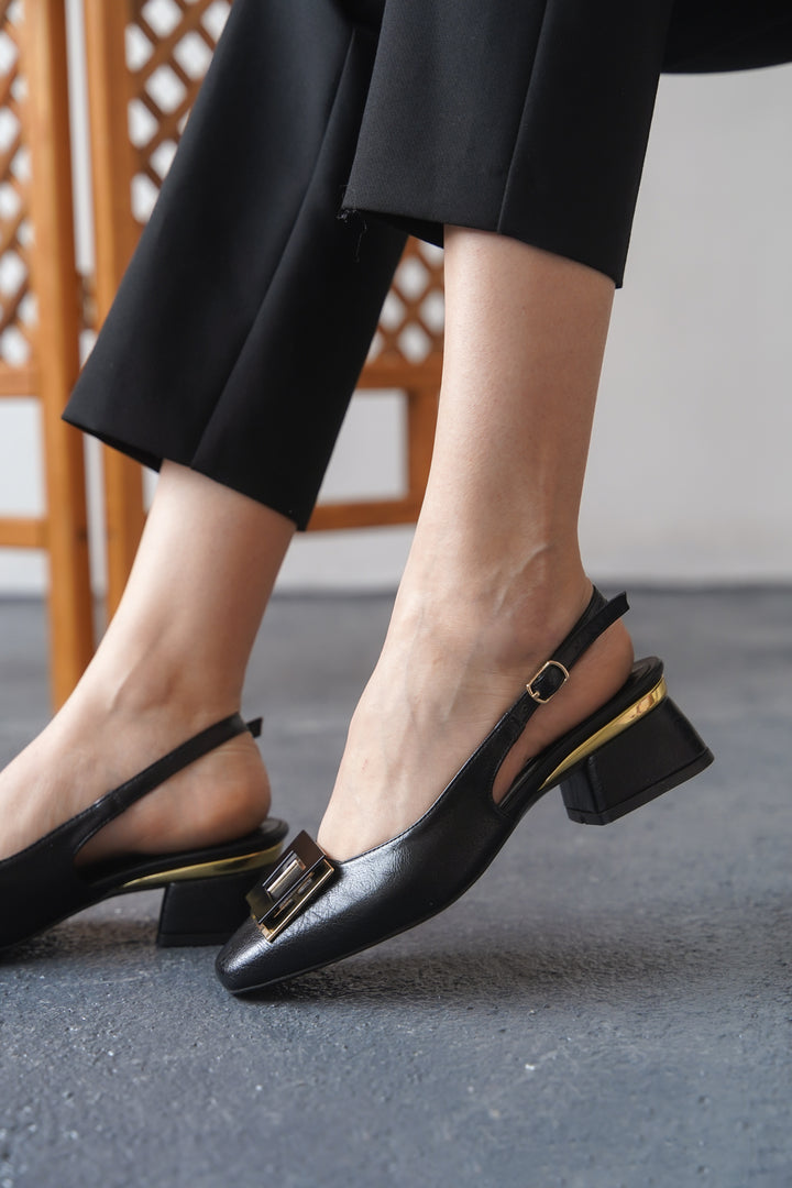 DSM Edlayn Black Leather Square Buckle Low Heel Shoes - Cuyahoga Falls