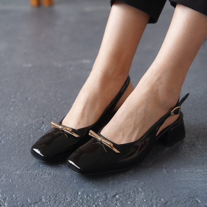 DSM Trova Black Patent Leather Gold Buckle Detailed Low Heel - Murray