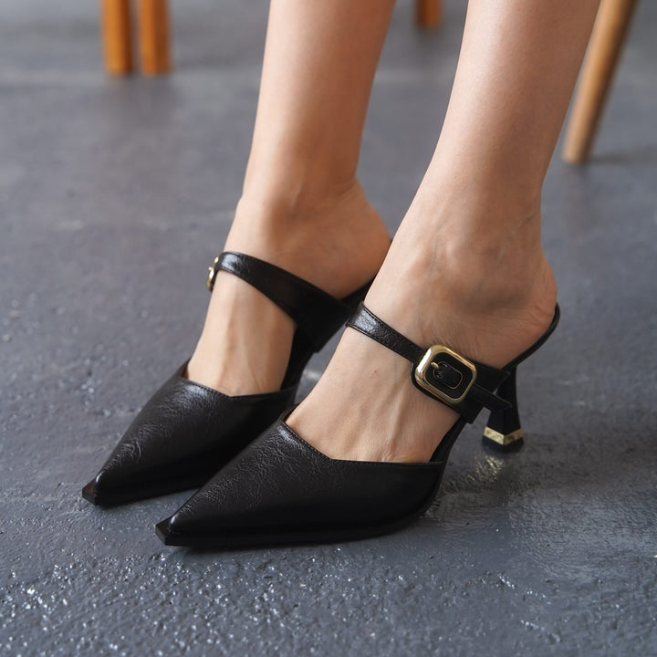DSM Talya Black Leather Mule with Buckle Detail - New Haven