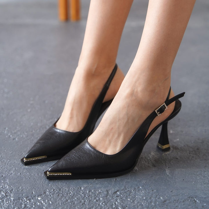 DSM Station Black Leather Gold Metal Detailed High Heel Shoes - Vannes