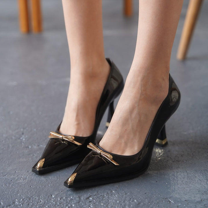 DSM Luana Black Leather Gold Metal Detailed High Heel Shoes - Kassel