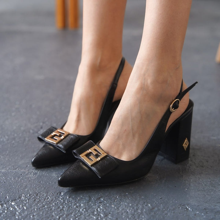 DSM Stevın Black Leather Gold Buckle Detailed Thick Heel - Downers Grove