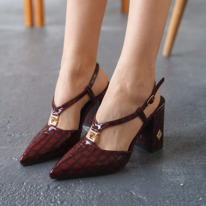 DSM Bordo Patent Leather Crocodile Gold Metal Detailed Chunky Heel - Roeselare