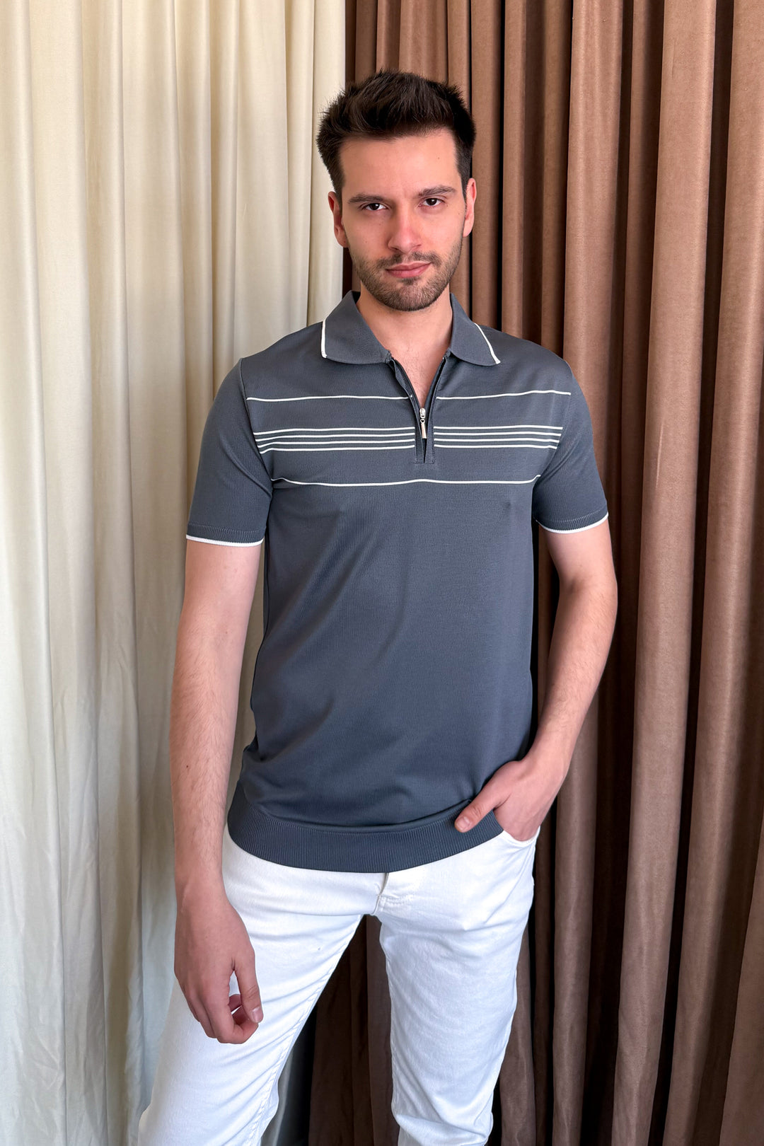 MPL Men's Striped Zippered Short Sleeve T-shirt - Battipaglia