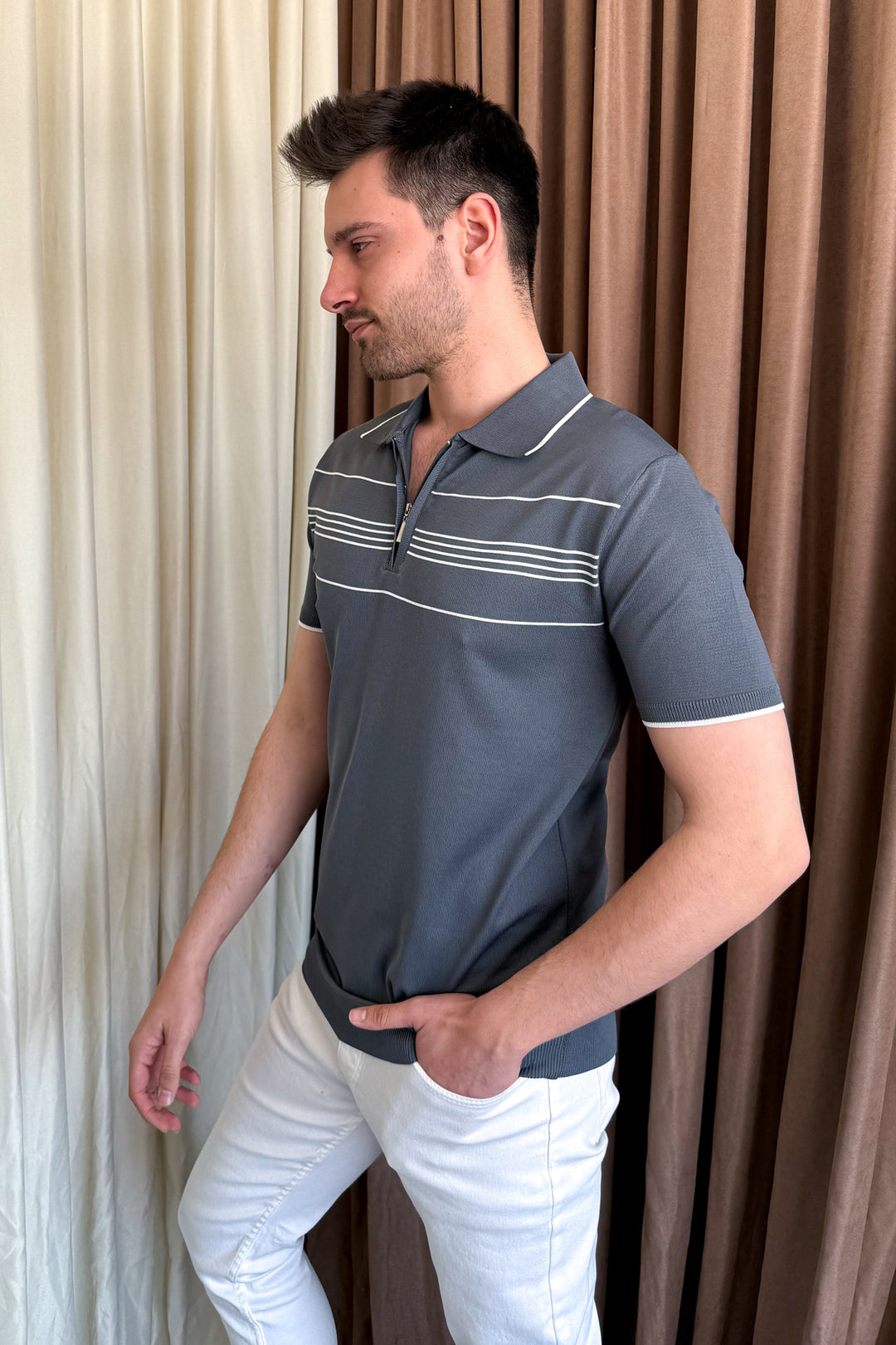 MPL Men's Striped Zippered Short Sleeve T-shirt - Battipaglia