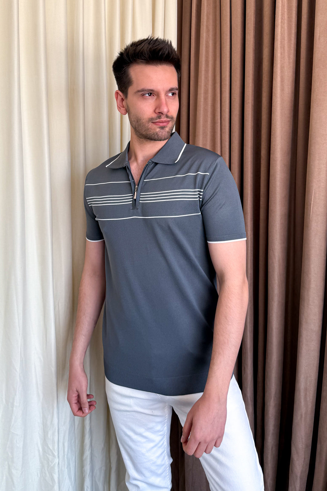 MPL Men's Striped Zippered Short Sleeve T-shirt - Battipaglia