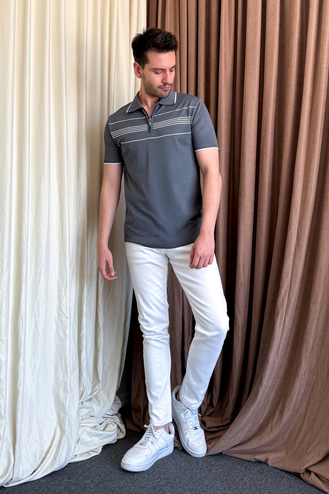 MPL Men's Striped Zippered Short Sleeve T-shirt - Battipaglia