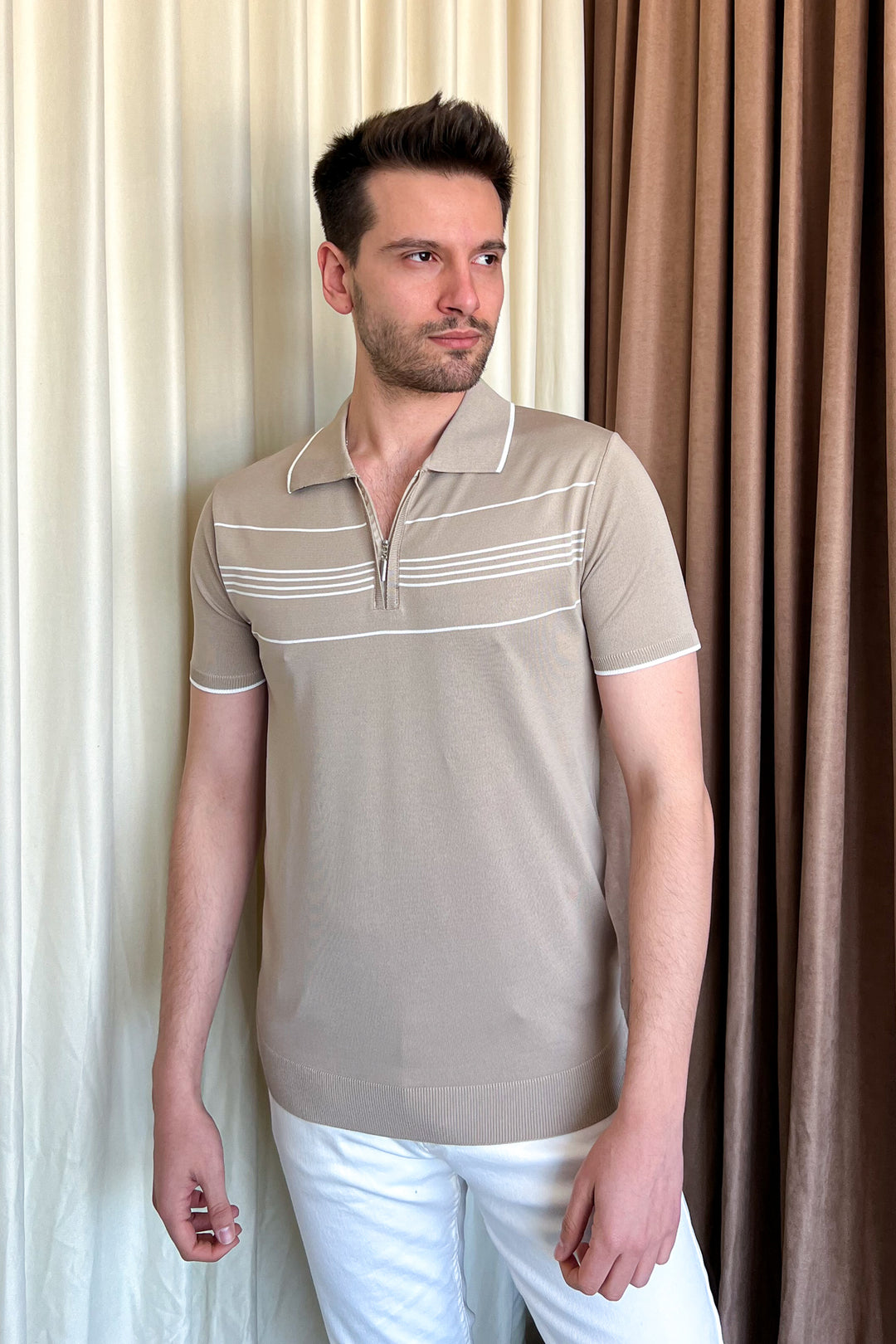 MPL Men's Striped Zippered Short Sleeve T-shirt - Aubagne