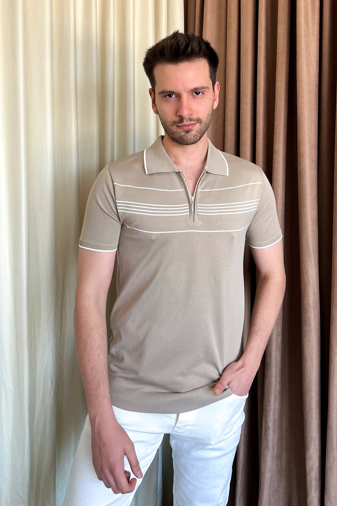 MPL Men's Striped Zippered Short Sleeve T-shirt - Aubagne