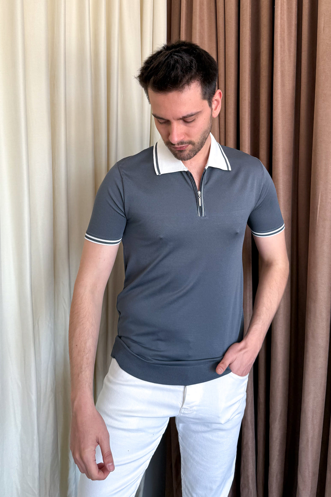 MPL Men's Polo Collar Zippered Short Sleeve Sweater - Boca Raton