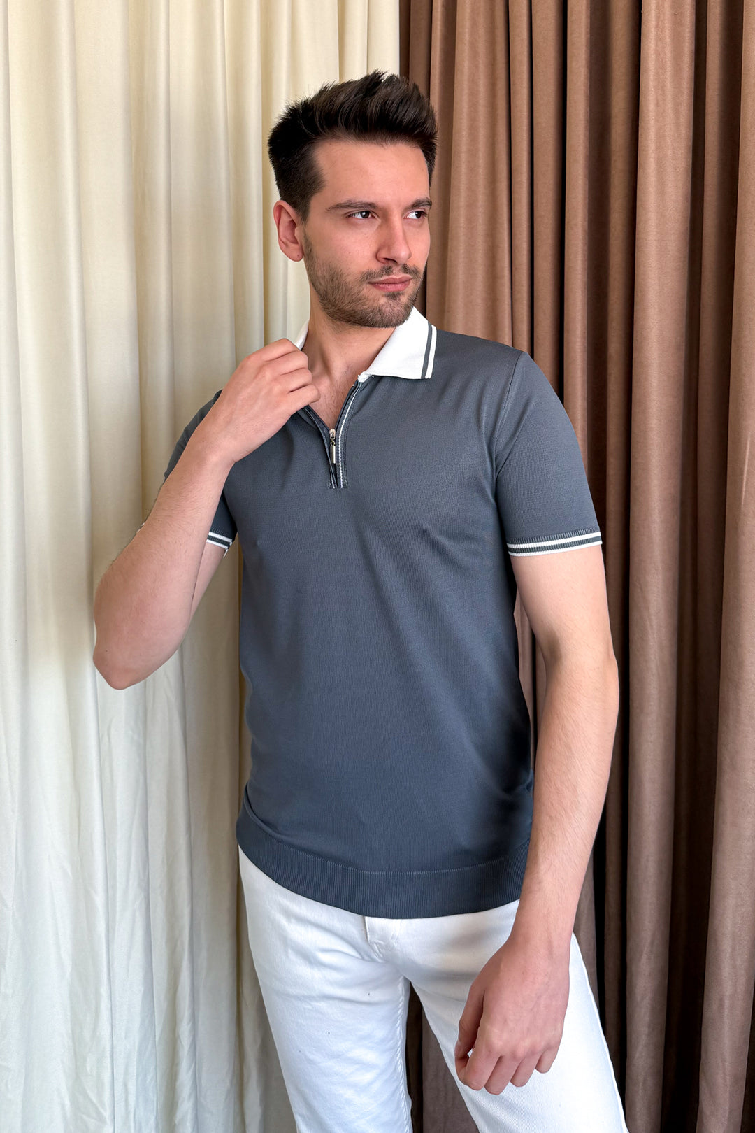 MPL Men's Polo Collar Zippered Short Sleeve Sweater - Boca Raton
