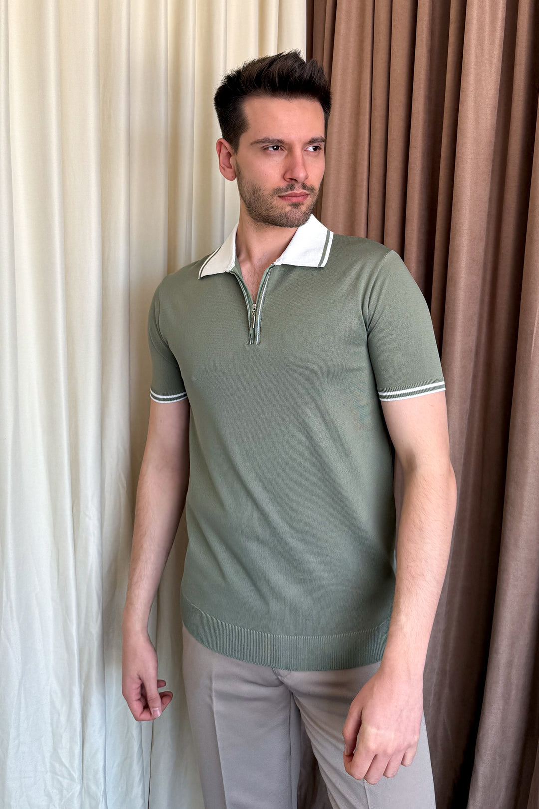 MPL Men's Polo Collar Zippered Short Sleeve Sweater - Ciudad Lerdo