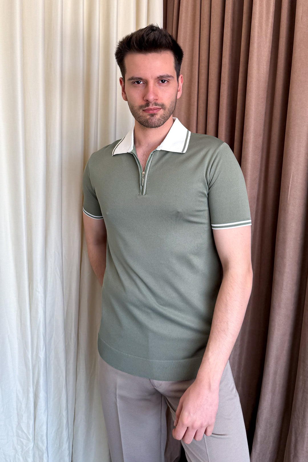 MPL Men's Polo Collar Zippered Short Sleeve Sweater - Ciudad Lerdo