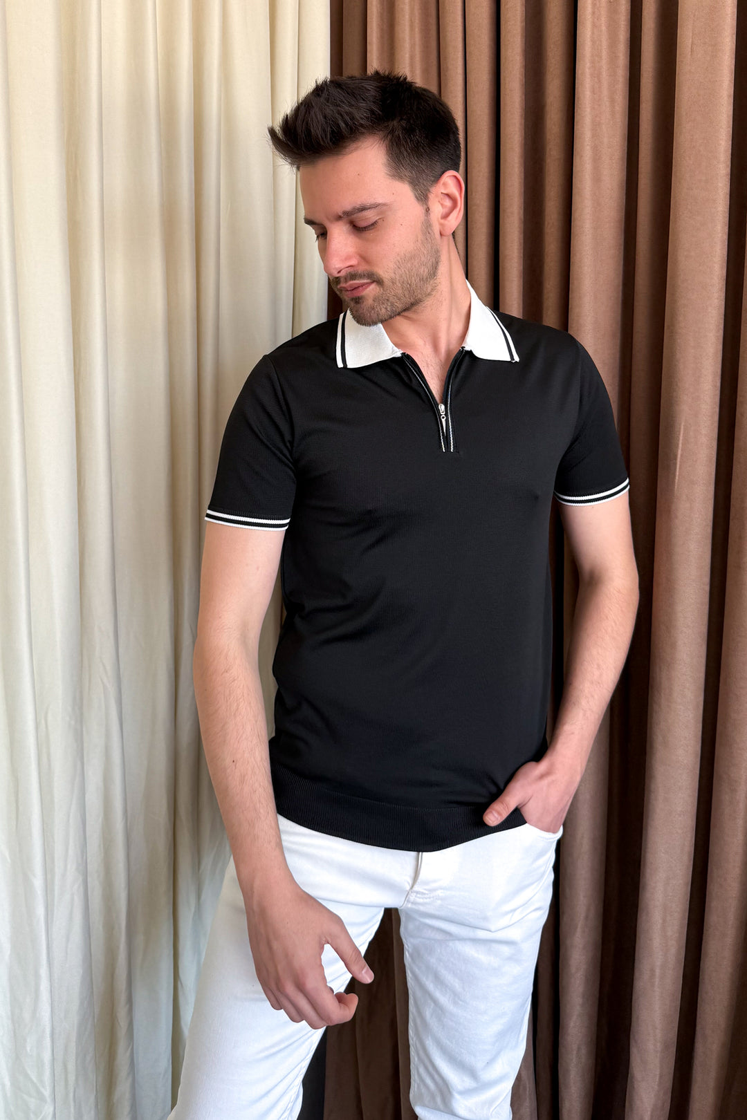 MPL Men's Polo Collar Zippered Short Sleeve Sweater - Brighton