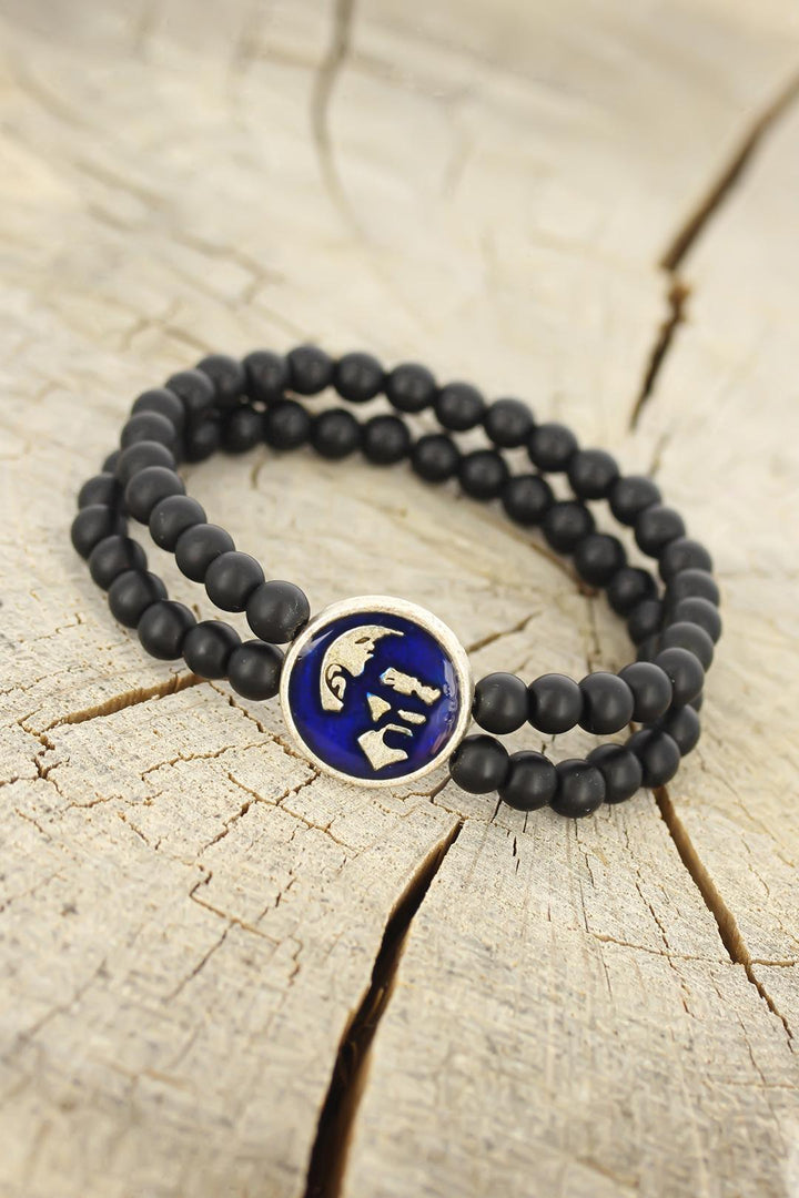 EBJ Black Onyx Natural Stone Men's Bracelet with Atatürk Portrait Figure Blue Metal Accessories - Kassel