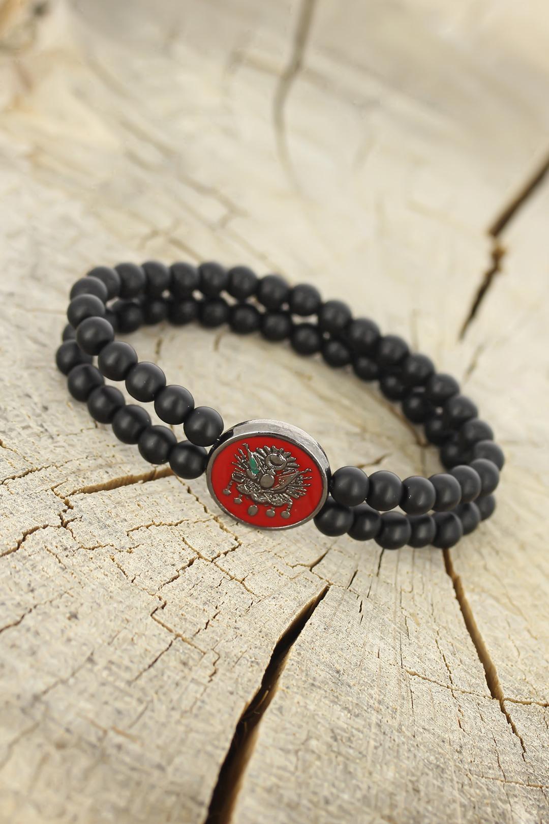 EBJ Black Onyx Natural Stone Men's Bracelet with Ottoman Signature Red Metal Accents - DeKalb