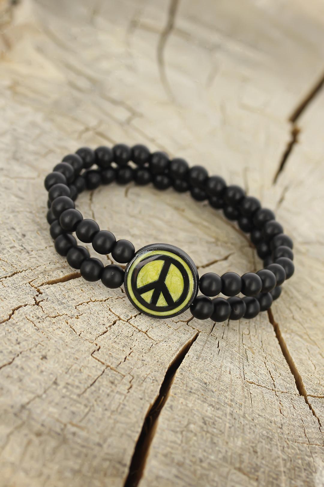EBJ Peace Symbol Black Metal Accented Black Onyx Natural Stone Men's Bracelet - Dundee
