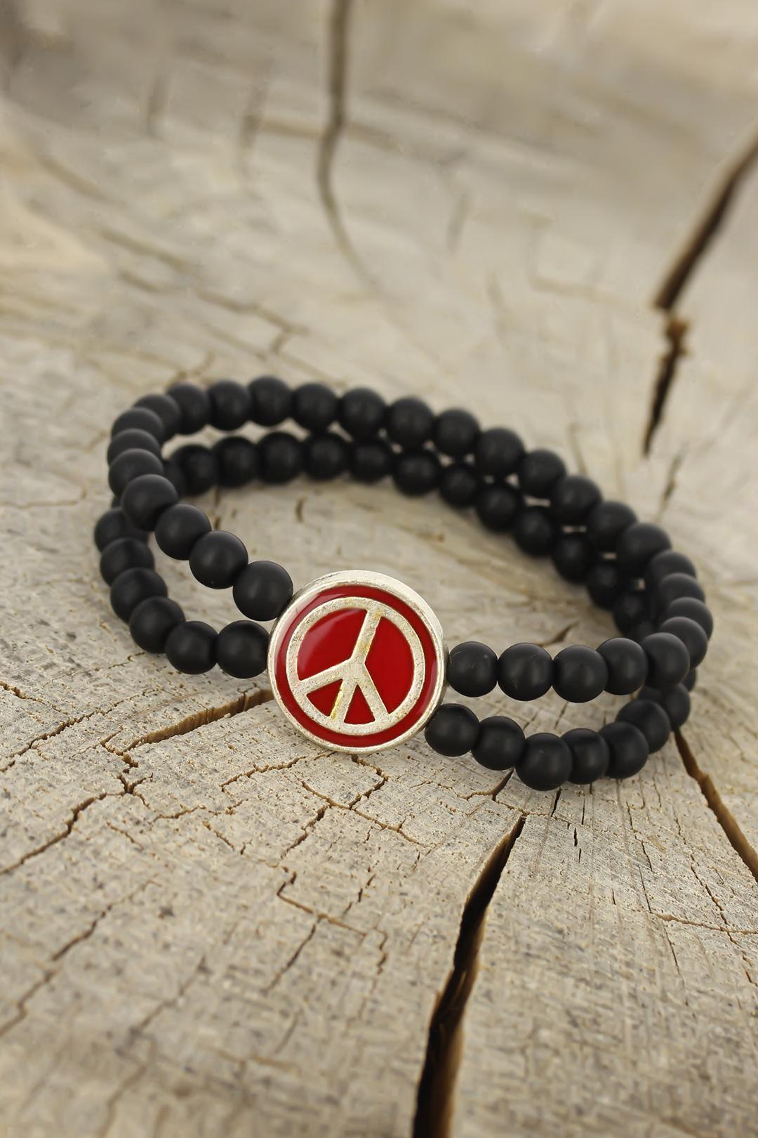 EBJ Black Color Matte Onyx Natural Stone Men's Bracelet with Metal Peace Symbol Design in Bordeaux Color - Milpitas