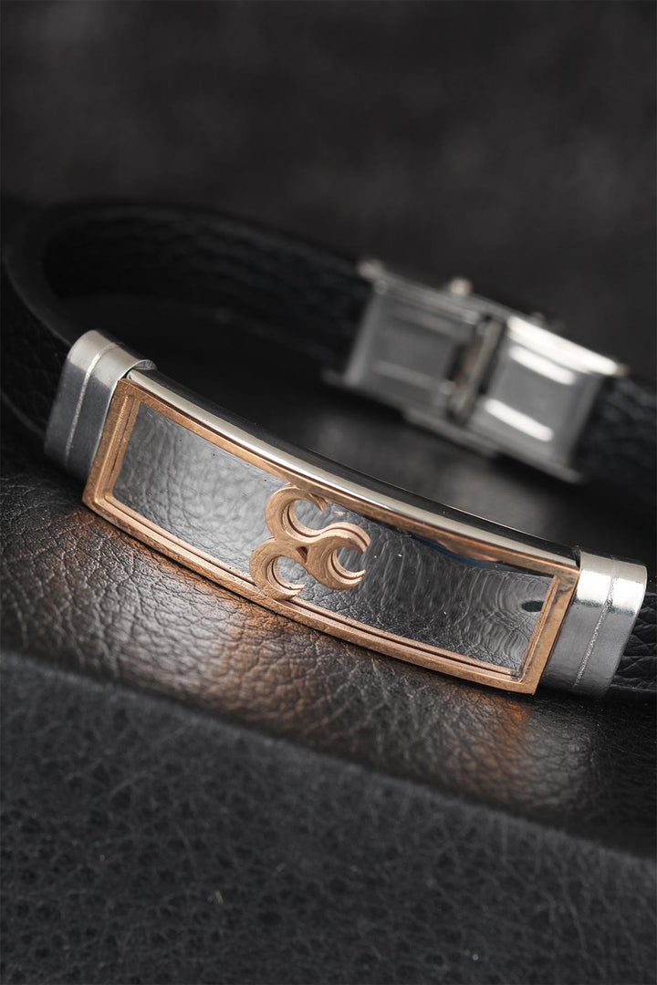 EBJ Black Color Leather Men's Bracelet with Rose Color 3 Crescent Figured Metal Accessories - Zweibrücken