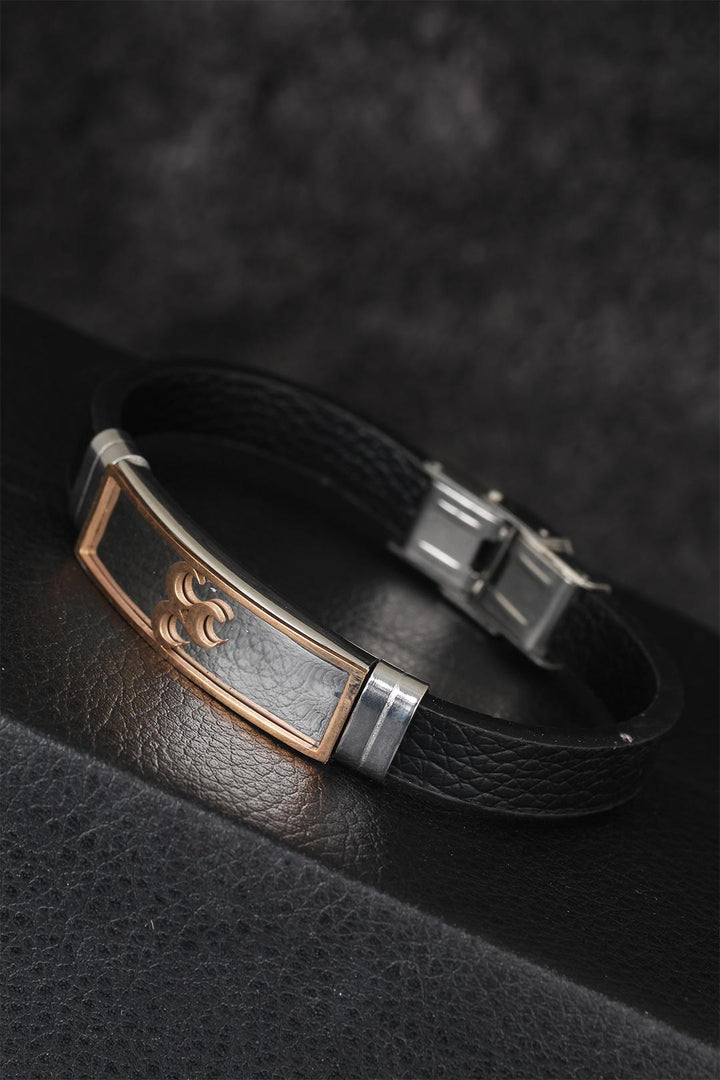 EBJ Black Color Leather Men's Bracelet with Rose Color 3 Crescent Figured Metal Accessories - Zweibrücken