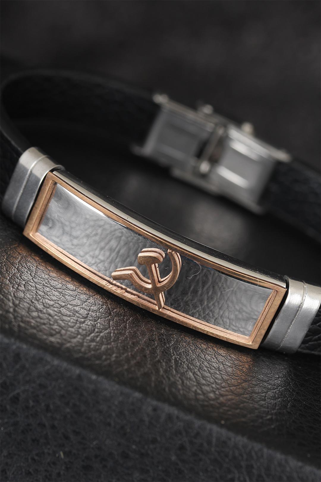 EBJ Black Leather Men's Bracelet with Rose Gold Plated Bull Figure Metal Accents - Úbeda