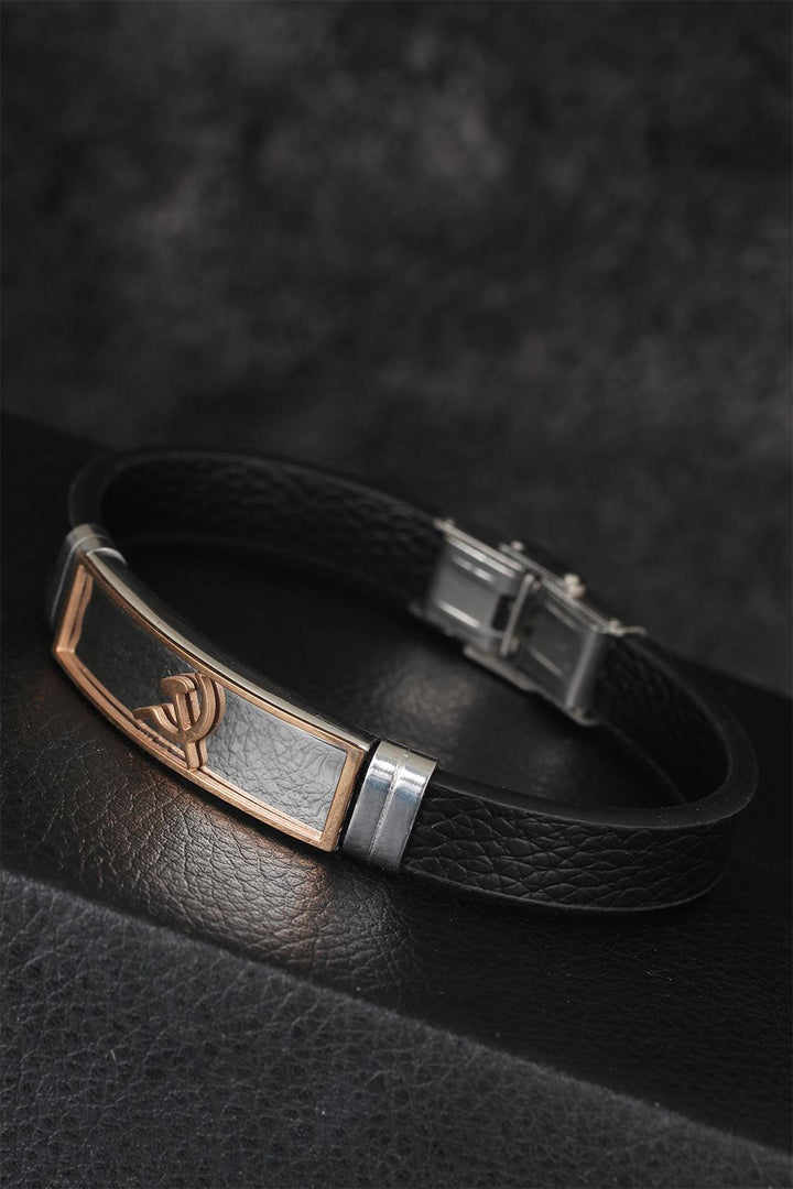 EBJ Black Leather Men's Bracelet with Rose Gold Plated Bull Figure Metal Accents - Úbeda