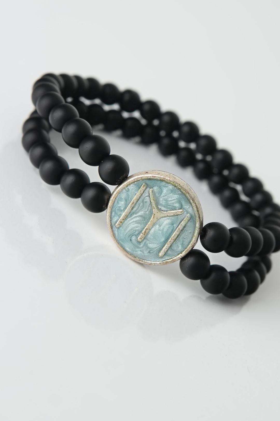 EBJ Black Color Double Row Natural Stone Men's Bracelet with Engraved Figure on Blue Colored Metal - Zempoala