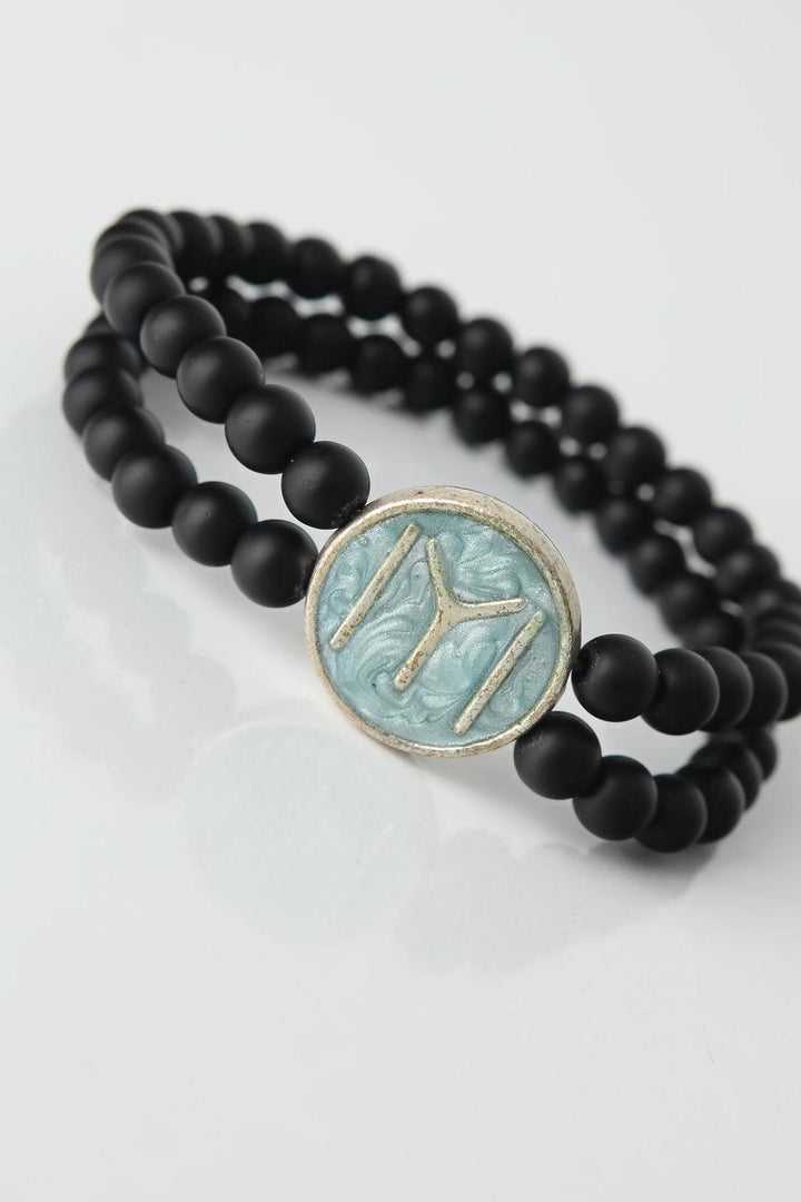 EBJ Black Color Double Row Natural Stone Men's Bracelet with Engraved Figure on Blue Colored Metal - Zempoala