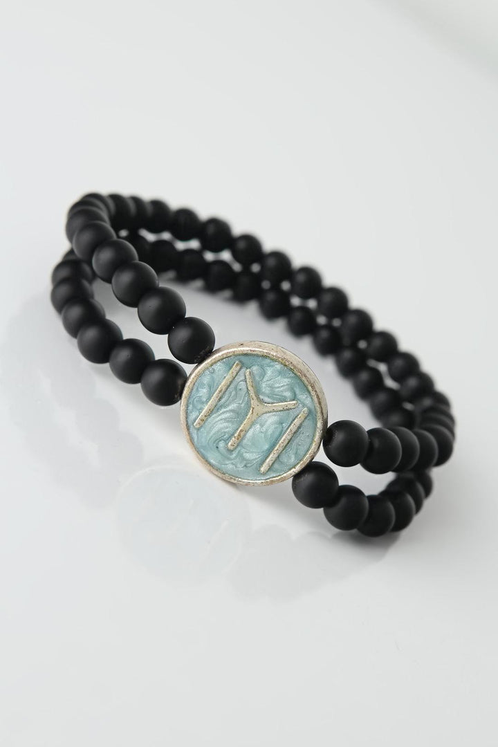 EBJ Black Color Double Row Natural Stone Men's Bracelet with Engraved Figure on Blue Colored Metal - Zempoala