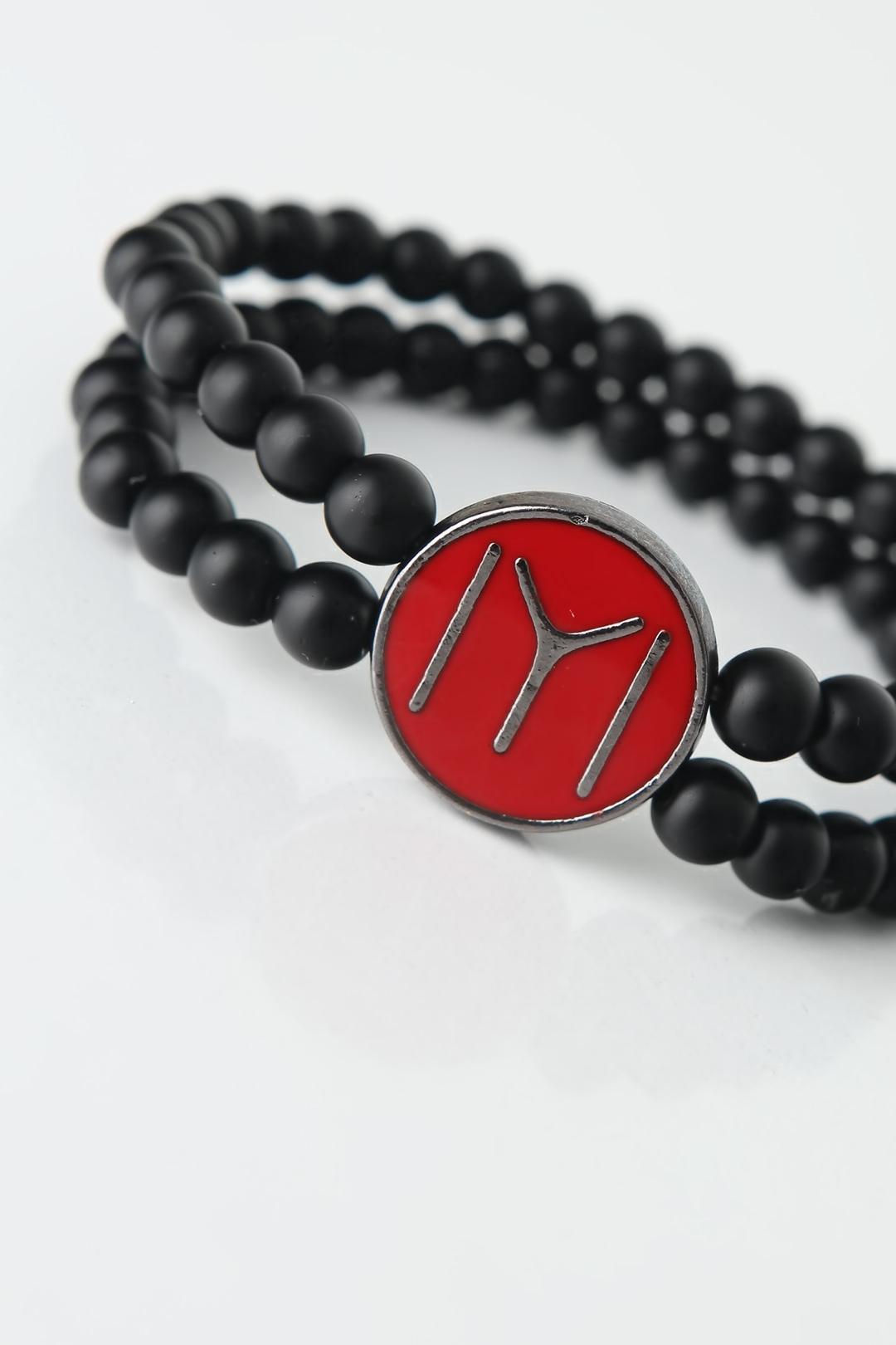 EBJ Black Color Double Row Natural Stone Men's Bracelet with Smoke Kayı Pattern on Burgundy Colored Metal - Santa Pola