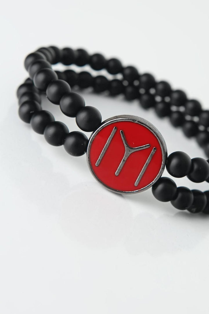EBJ Black Color Double Row Natural Stone Men's Bracelet with Smoke Kayı Pattern on Burgundy Colored Metal - Santa Pola