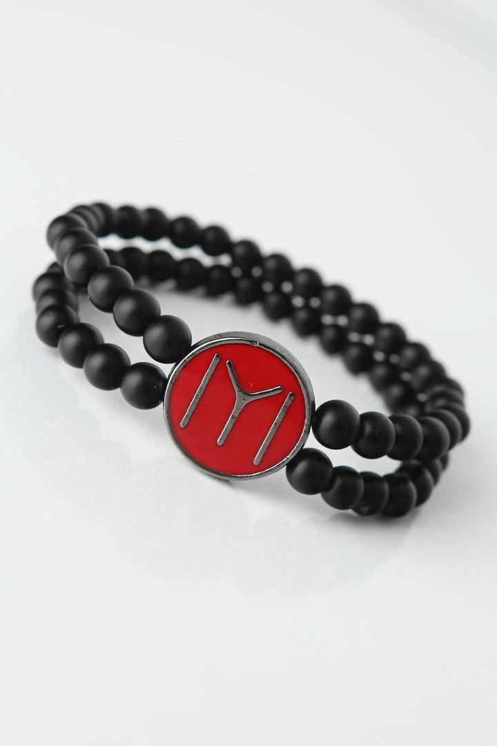 EBJ Black Color Double Row Natural Stone Men's Bracelet with Smoke Kayı Pattern on Burgundy Colored Metal - Santa Pola