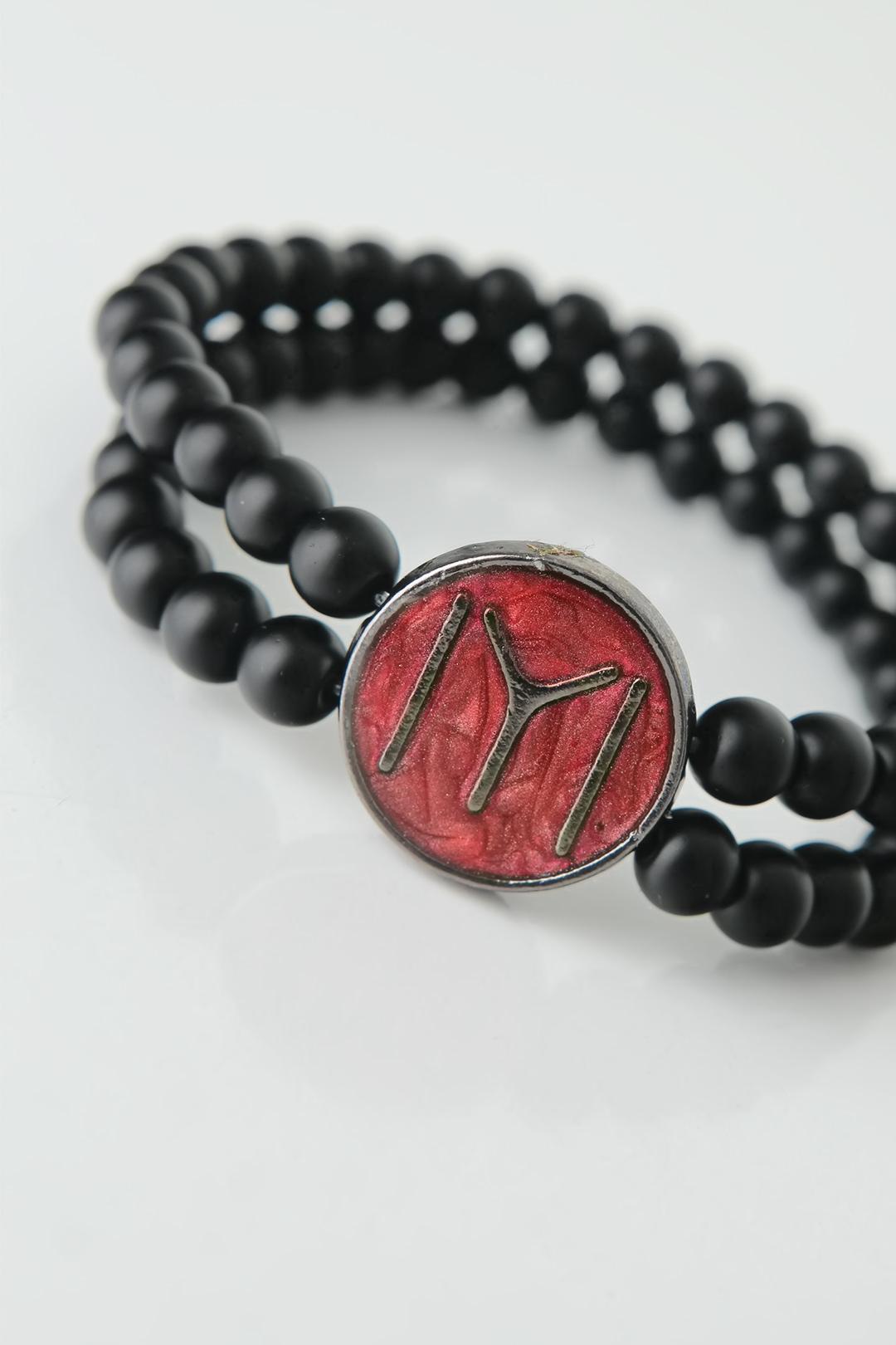 EBJ Black Color Double Row Natural Stone Men's Bracelet with Smoke Kayı Pattern on Burgundy Metal - Gießen