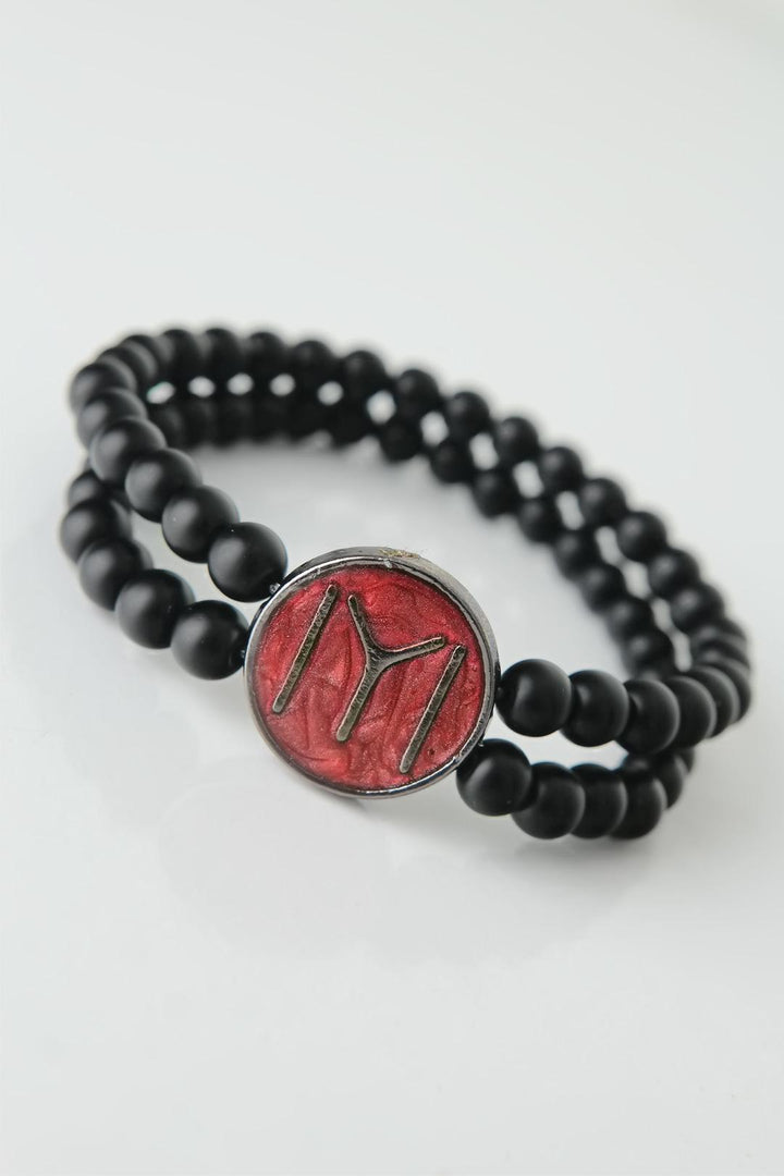 EBJ Black Color Double Row Natural Stone Men's Bracelet with Smoke Kayı Pattern on Burgundy Metal - Gießen
