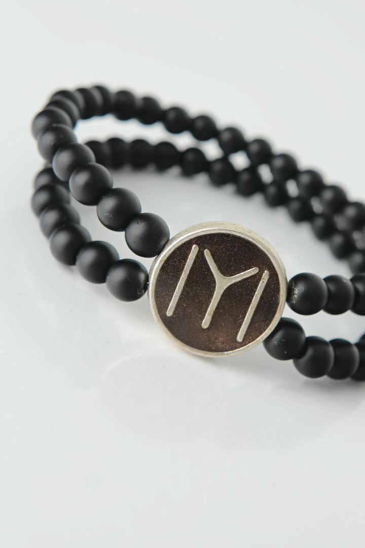 EBJ Distressed Silver Kayı Bow Figure Black Color Double Row Natural Stone Men's Bracelet on Brown Metal - Soledad de Graciano Sánchez