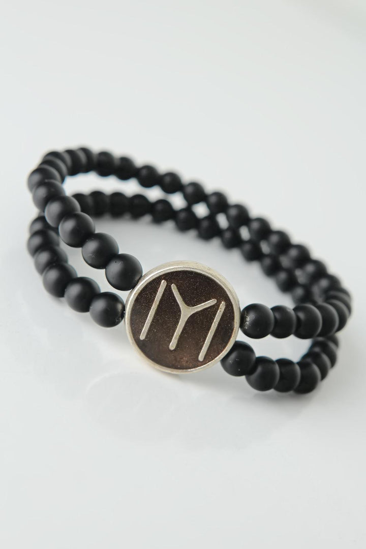 EBJ Distressed Silver Kayı Bow Figure Black Color Double Row Natural Stone Men's Bracelet on Brown Metal - Soledad de Graciano Sánchez