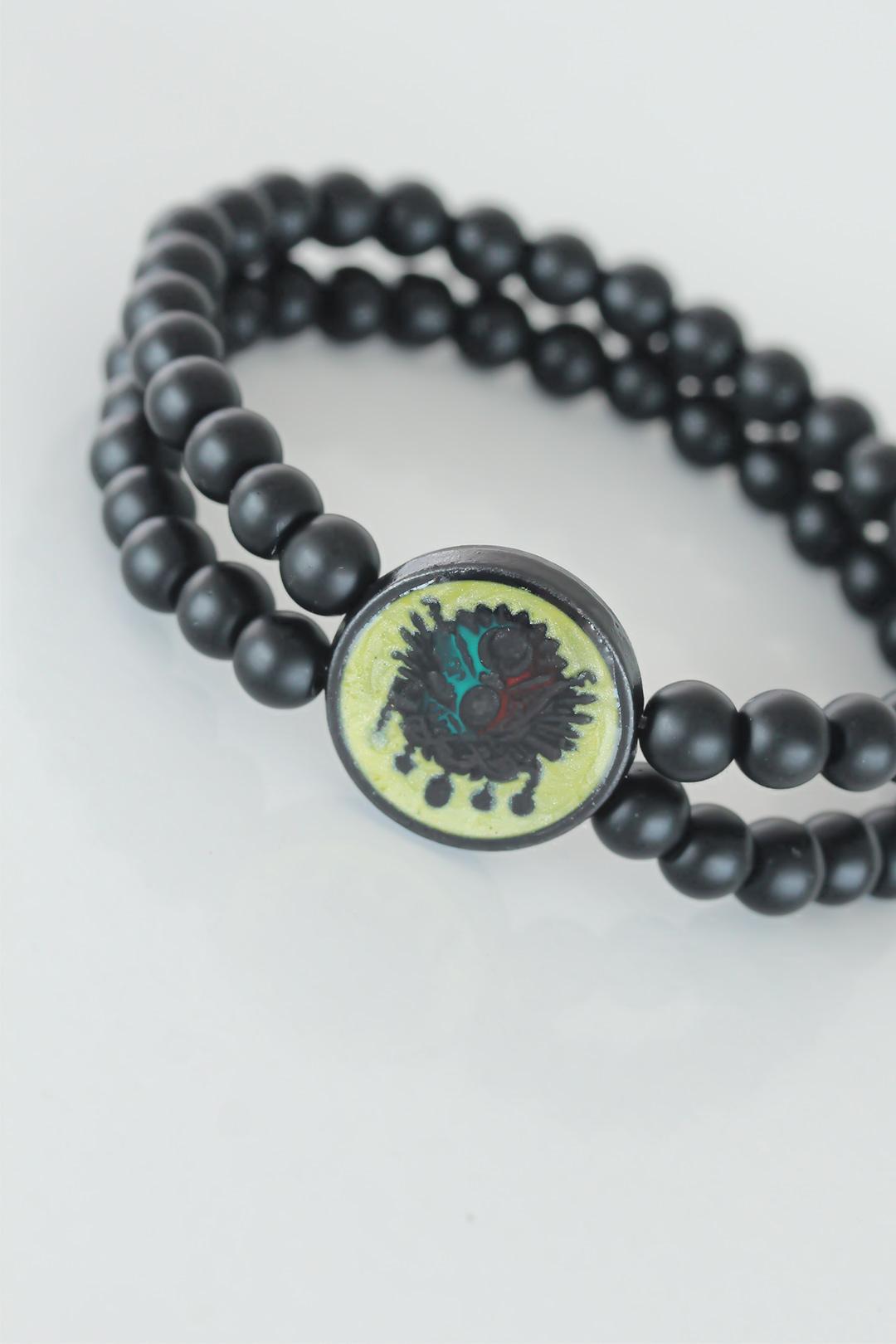 EBJ Black Color Double Row Natural Stone Men's Bracelet with Ottoman Coat of Arms Figure on Yellow Colored Metal - San Fernando de Henares