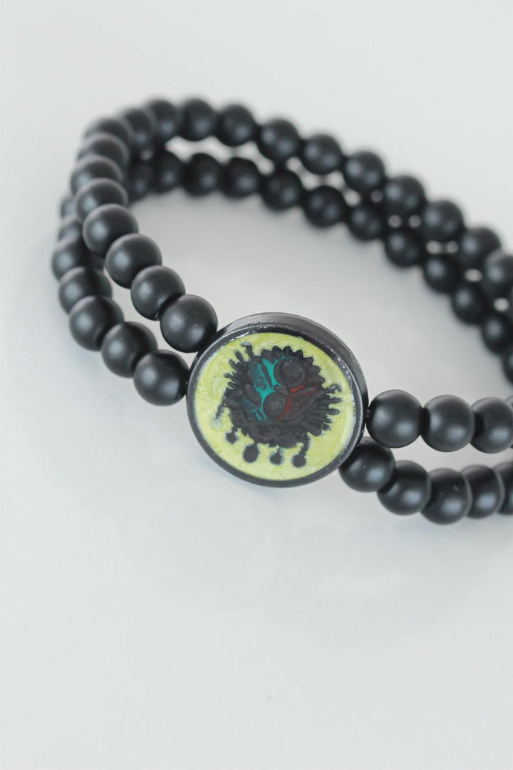 EBJ Black Color Double Row Natural Stone Men's Bracelet with Ottoman Coat of Arms Figure on Yellow Colored Metal - San Fernando de Henares